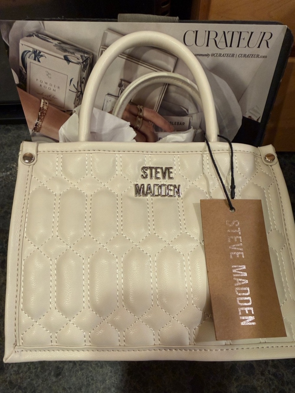 Steve Madden Cream Quilted Satchel with Top Handles